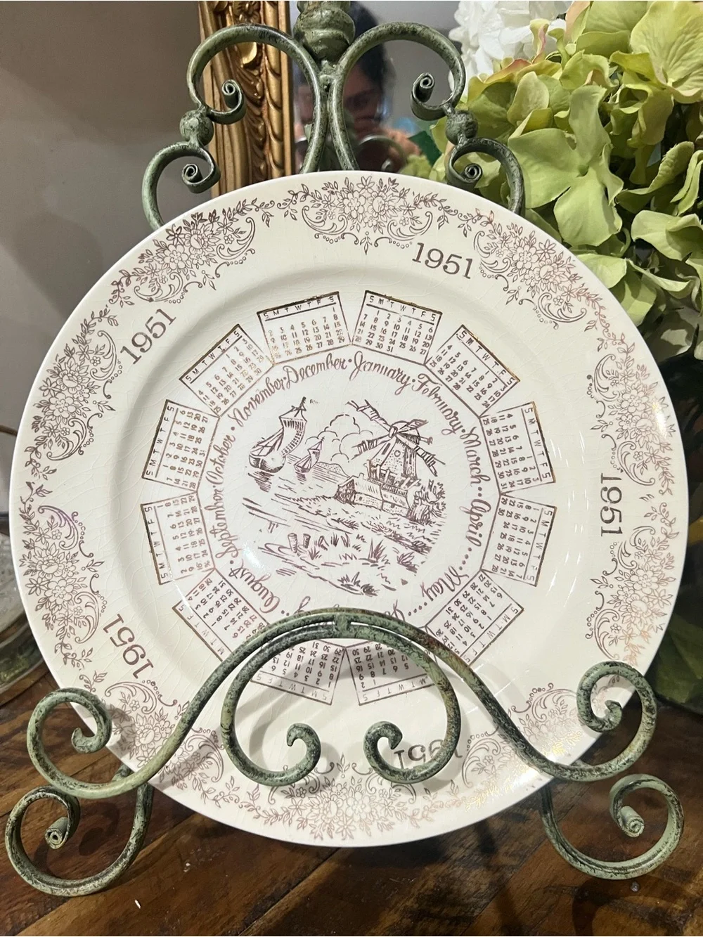 Vintage 1951 Calendar Decorative Plate - Brown on Cream
